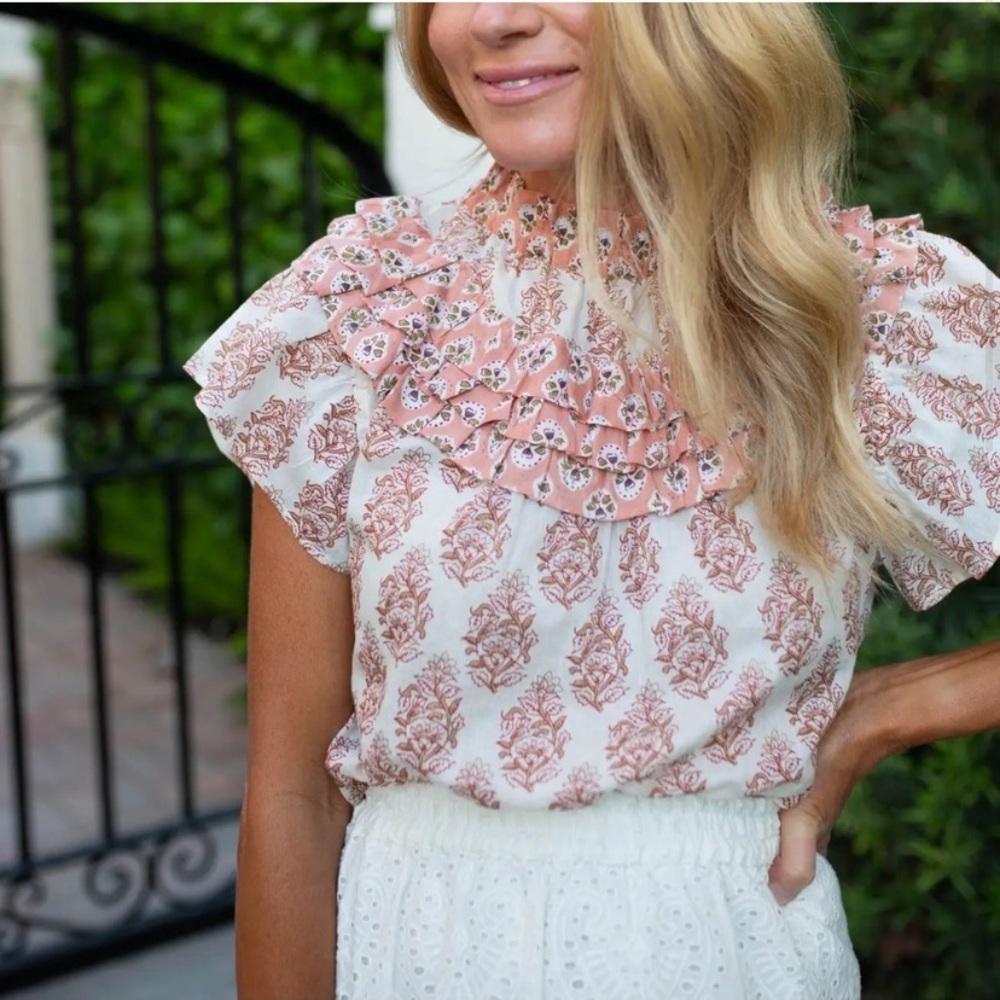 Floral Ruffle Neck Blouse - Pink and White